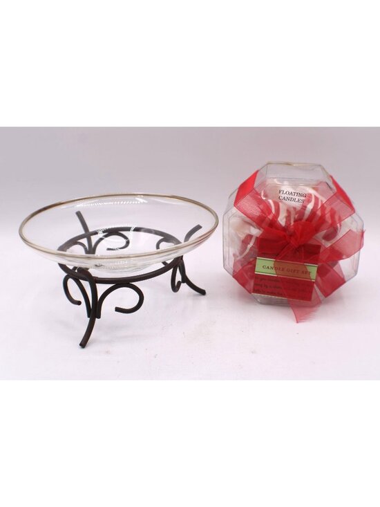 Unknown Source Other - Floating Candle Gift Set Candy Cane Design With Glass Bowl Metal Stand NWOB Vtg